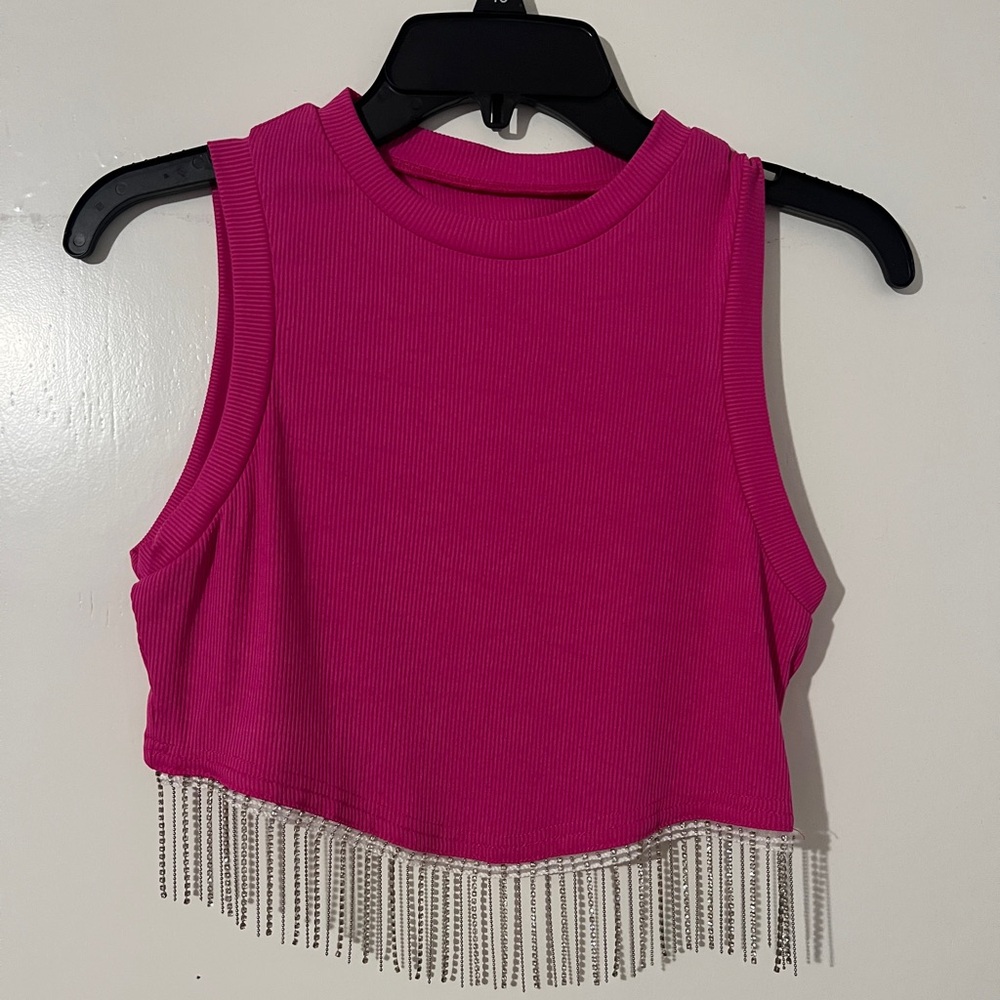 Pink Sleeveless Crop Top with Fringe